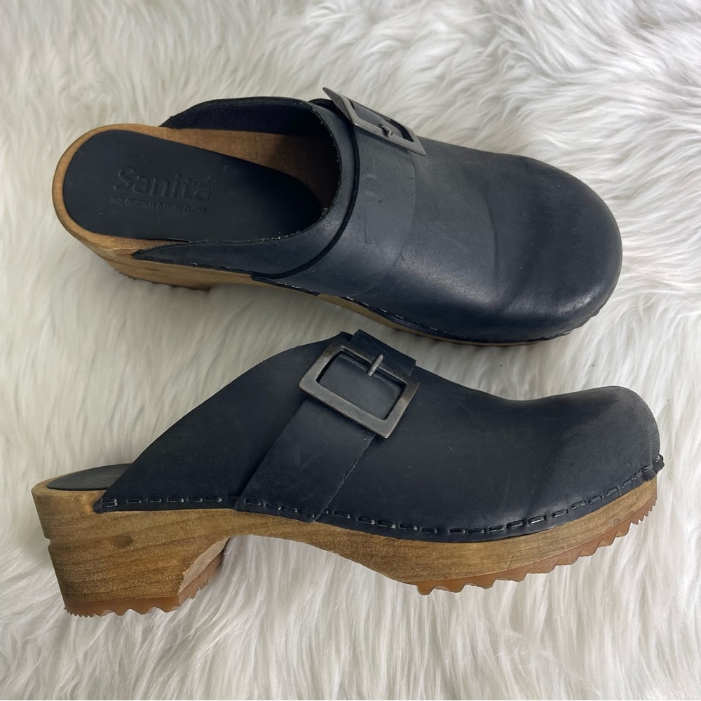 Sanita Black Leather Slip On Wooden Clogs Comfort Shoes Size 35 / 5